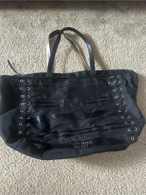 Victoria's Secret Black Tote with Eyelet Ribbon Accents 22* 13*